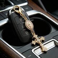 1Pc Religious Style Keychain, Virgin Mary Charm With Rhinestone Heart Cross Pendant, Cute Decorative Key Ring For Car Keys, Handbag Charm Accessory For Women - One Size Fits All - View 2