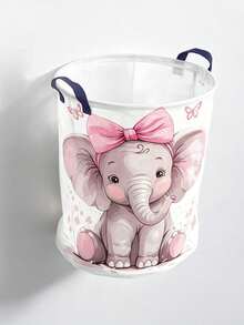 [Cute Elephant Basket] Cute Elephant Laundry Basket,Foldable Round Organizer Box With Sturdy Handle | Pink Bow & Butterfly, Soft Pastel Cartoon Design, Durable Storage Bin For Playroom, Spring Cleaning, Lightweight,For Room ,Bathroom - Multicolor - View 14