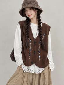 Alicedudu Women's Autumn Vintage Embroidered V-Neck Cardigan Sweater Vest Brown Fall - Brown - View 1