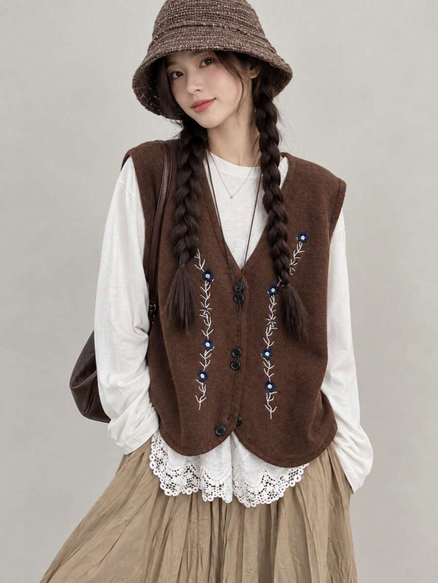 Alicedudu Women's Autumn Vintage Embroidered V-Neck Cardigan Sweater Vest Brown Fall - Brown - View 1