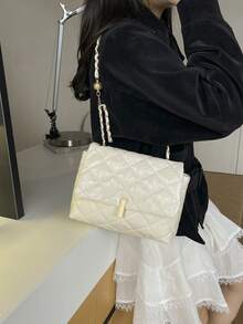 2026新款奢華絎縫格紋純色PU特殊扣環女款單肩包，多功能配件錢包，適合日常出行、通勤、聚會、約會與送禮。日系街頭風女包，新年必備。 - 白色 - 查看 5
