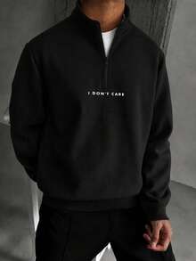 Men's Stand Collar Half-Zip Casual Versatile Minimalist English Letter Print Commute Autumn/Winter Long Sleeve Sweatshirt - Black - View 3