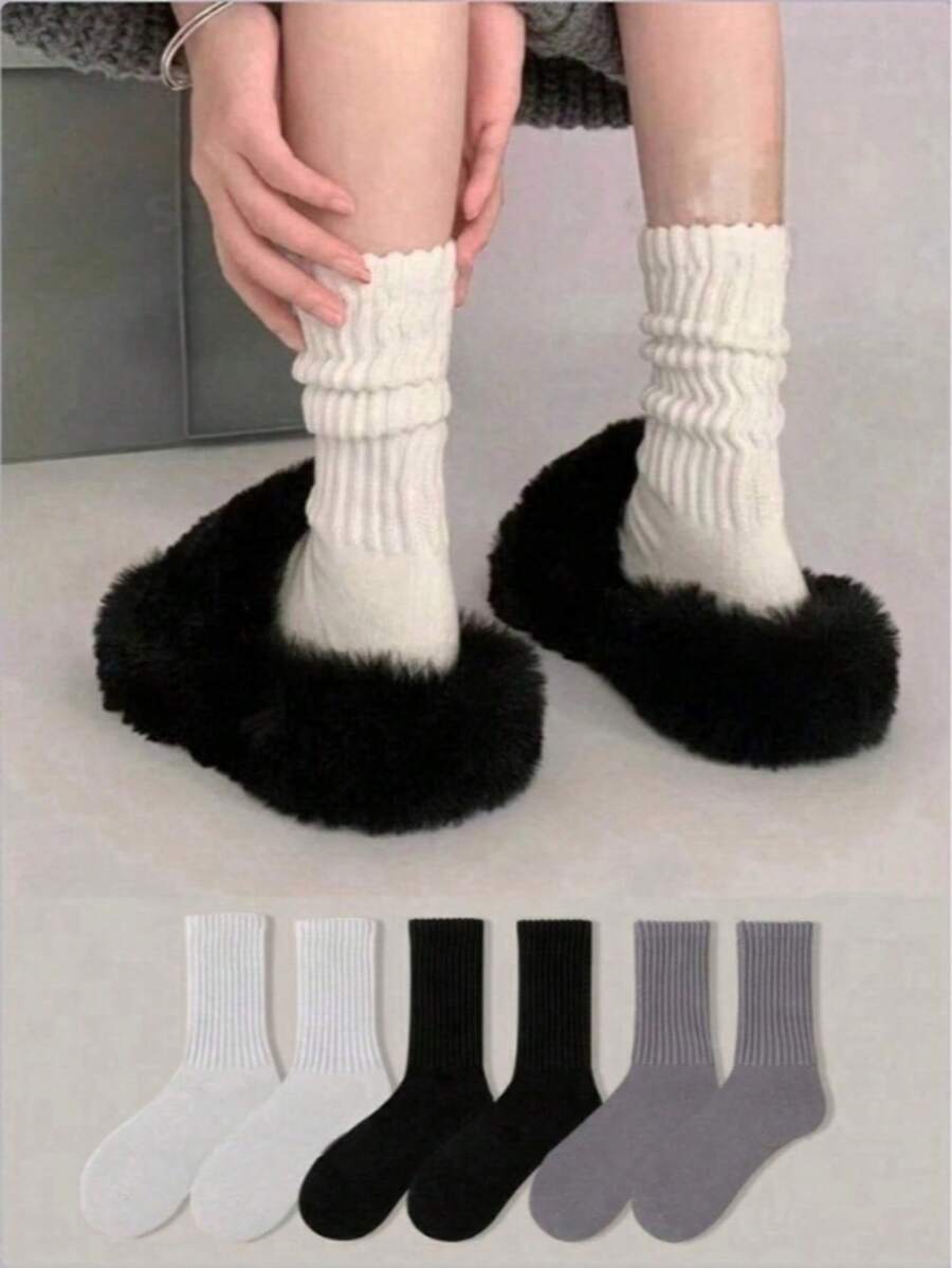 1/2/3/4/6 Pairs Women's Black/White/Grey Ribbed Knit Loose Mid-Calf Socks, Soft Warm Casual Mid-Calf Socks, Suitable For Autumn/Winter Fuzzy Shoes Daily Wear - Multicolor - View 1