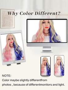 24 Inch Long Wavy Curly Multi-Color Blue, Pink, Gold Cosplay Wig With Side Bangs, Middle Part Synthetic Cosplay Wig For Halloween, Music Festival, Costume Party, Role Play ﻿ - Multicolor - View 9