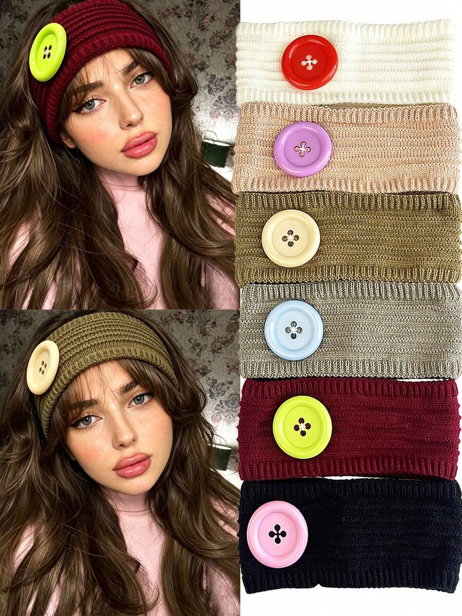 DUOJIAOYAN 1pc Autumn/Winter New Solid Color Round Button Striped Knit Wide Headband, Suitable For Daily Wear, Gentle Style, Warm & Elastic Hair Band For Women - Multicolor - View 1