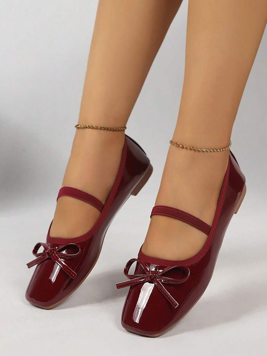 Women Retro Square Toe Bow Mary Jane Ballet Flats, Patent PU Single Strap Comfortable Daily Wear Shoes - Burgundy - View 1