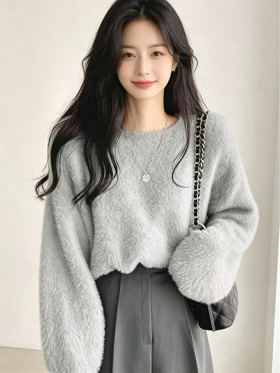 YCYC 韓式女款秋冬長袖純色馬海毛圓領毛衣