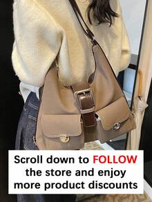 Fashionable Artificial Leather Retro Large Capacity Shoulder Bag, Multi Pocket Niche Design Contrasting Color Crossbody Bag, Suitable For Commuting. - Coffee - View 4