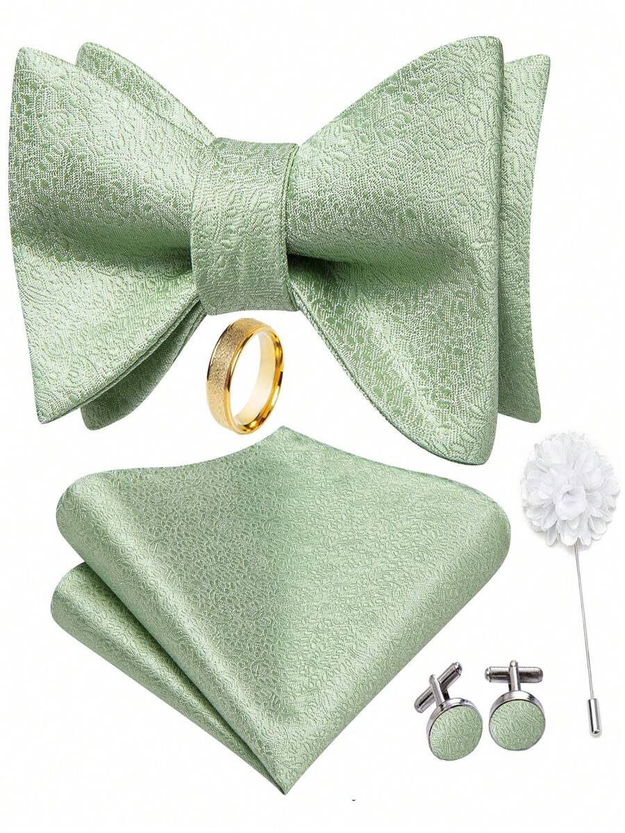 5Pcs Men Mint Green Small Floral Jacquard Self‑Tie Bow Tie Pocket Square Cufflinks Ring Boutonniere Set, Cufflinks Pattern Random For Wedding - Mint Green - View 1