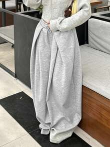 26 Autumn/Winter Women's Solid Color Drawstring Waist Pleated Casual Loose Handsome Versatile Sweatpants - Light Grey - View 6