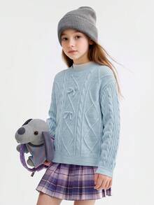 Balabala Girls Cute Soft Knit Sweater Pullover Jumper Casual Versatile Top For Tween Girl Winter Daily Wear - Blue Tint - View 3