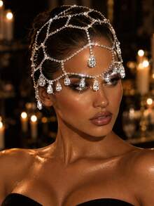 Fashionable Luxury Hollow Mesh Teardrop Pendant Head Chain, Glamorous Party Jewelry For Women ,Hair Accessories, Hair Jewelry, Head Pieces Jewelry, Hair Jewellery, Wedding, Festival Outfits, Rave Accessories, Bride To Be - Silver - View 19