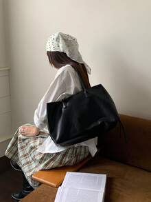 Women Solid Soft Faux Leather Tote Bag,Long Top Handles Side Tassel, Large Capacity With Inner Zip Pocket,Minimalist Elegant All-Season Office Commute - Black - View 8