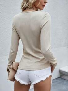 Women's Round Neck Button Long Sleeve T-Shirt, Slightly Elastic Polyester Fiber, Slim Fit Regular Top - Khaki - View 2