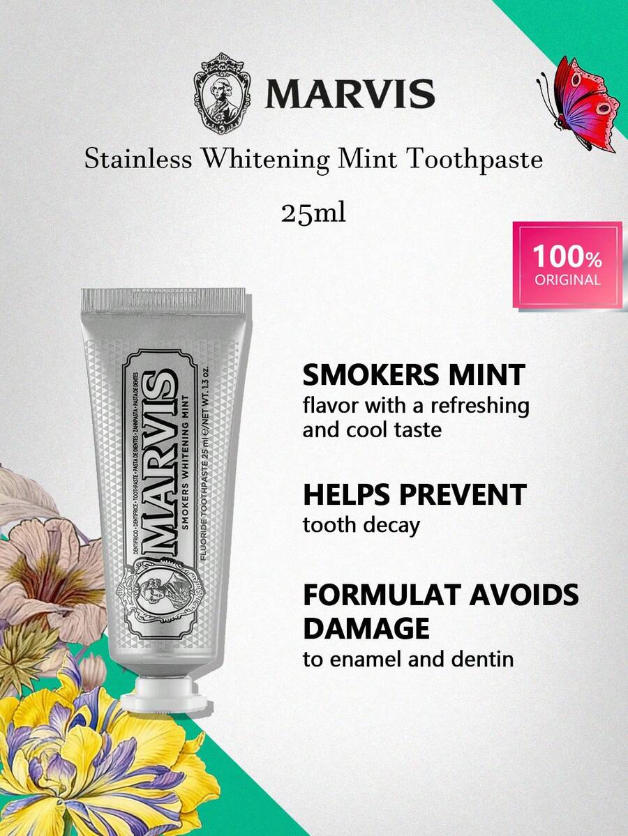 Marvis Smokers 25ml 薄荷口味美白牙膏，含氟，日常琺瑯質護理，美白，幫助清潔牙菌斑與表面污漬，持久清新口氣，義大利奢華牙膏，適合日常口腔護理