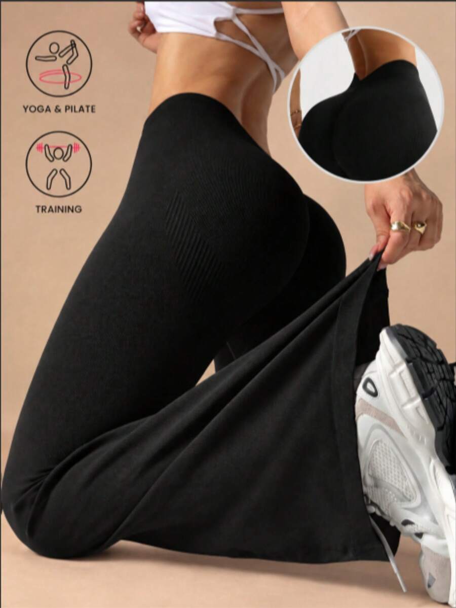 Women's Solid Color High Waist Casual Fitness Sports Flare Pants, Black - Black - View 1