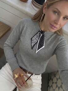 ملابس علوية نسائية خريفية/شتوية رمادية مختلطة بياقة دائرية محبوكة مع وشاح مطبوع بنقشة بيزلي، ملابس علوية للعمل والتنقل - رمادي - مشاهدة 5