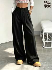 mulinsen Women Athletic Wide Leg Pants,Ribbed Texture Button Zipper Fly Fake Pocket High Waist Loose Fit,Workout Daily Street Outdoor Wear - Deep Space Black - View 2