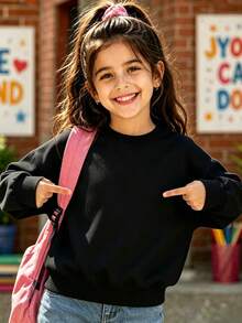 Girls' Cute Printed Drop-Shoulder Round-Neck Long-Sleeve Casual Sports Sweatshirt - Black - View 2