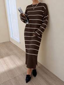 Sweater Dress; Women Striped Pattern Drop Shoulder Polo Neck, 26 Fall/ Winter New - Brown - View 8