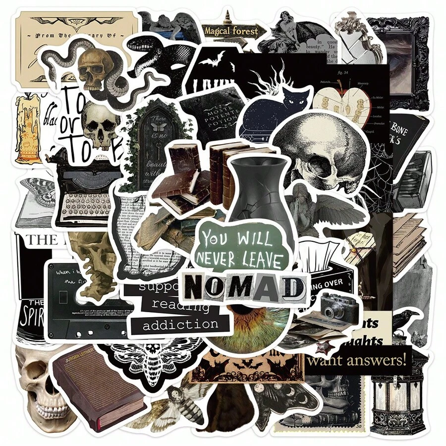 50入深色哥德風貼紙，趣味時尚暗黑美學貼紙，Dark Academia 風格貼紙組，乙烯基防水貼紙，適用於信封、水瓶、電腦、筆記本電腦、手機、行李箱、筆記本、冰箱等