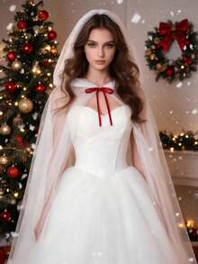 1pc Red/White Bridal Red Bow Hooded Mesh Cape, Ghost Bride Costume, Party Decoration Cloak, Cosplay, Party Outfit, Photo Prop, Christmas Party - Multicolor - View 6