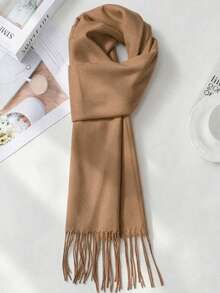 1pc Solid Color Knitted Scarf, Unisex Winter Warm Long Scarf With Tassels, Versatile Boyfriend Gift, Neck Warmer, Blanket - Khaki - View 4