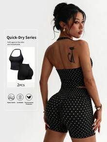 Women's Summer/Autumn Basic Polka Dot Spaghetti Strap 2-Piece Set Loungewear, Slim Fit Camisole Top + Cropped Leggings, Streetwear Elegant - Black and White - View 5