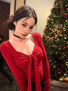 女款蝴蝶結長袖T恤 春季性感風修身貼身內搭底層方領上衣 - 紅色 - 查看 1