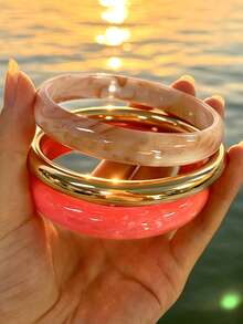 3pcs/Multi-Piece Layered Fashion Minimalist Elegant Exquisite Vintage Design Pink Resin Asymmetrical Marbled Pattern CCB Metal Style Geometric Round Bangle Bracelet Set, Holiday Vacation Party Date Gift, Daily Commute Wear, Personalized - Yellow Gold - View 1