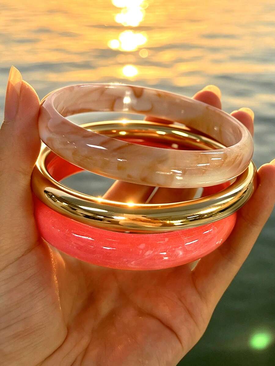 3pcs/Multi-Piece Layered Fashion Minimalist Elegant Exquisite Vintage Design Pink Resin Asymmetrical Marbled Pattern CCB Metal Style Geometric Round Bangle Bracelet Set, Holiday Vacation Party Date Gift, Daily Commute Wear, Personalized - Yellow Gold - View 1