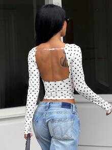 Women's Daily Fashion Versatile Design Backless Sexy Elegant Polka Dot Print Long Sleeve Top - White - View 6