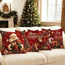 4pcs Red Background Christmas Snowman Reindeer Santa Claus Gift Christmas Tree Print Pattern Pillow Covers, Single-Sided 2D Flat Printing Process, 45x45cm (18x18in), Soft Comfortable Polyester Cushion Covers, Zipper Closure Machine Washable, Suitable For Living Room Bedroom Winter Holiday Home Decor (Pillow Covers Only, Pillow Insert Not Included) - Multicolor - View 9