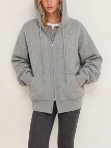 Women's New Minimalist Casual Comfortable Knit Short Zip-Up Hooded Cardigan Jacket, Long Sleeve Design, Perfect Choice For Warm Winter Fashion - Grey - View 4