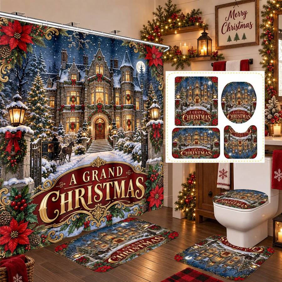 1pc/4pcs Christmas Castle Snow Scene Pattern Multi-Functional Bathroom Decor Shower Curtain Set Free 12 Hooks Premium Holiday Atmosphere Bathroom Mat U-Shaped Floor Mat And Round Toilet Lid Cover Suitable For All Scenes Decoration Bathroom Set - Christmas Castle Snow Scene - View 1