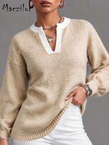 Women Plus‑Size Contrast Trim Notch Neck Knit Pullover, Balloon‑Sleeve Warm Casual Office Sweater For Autumn Winter - Khaki - View 3