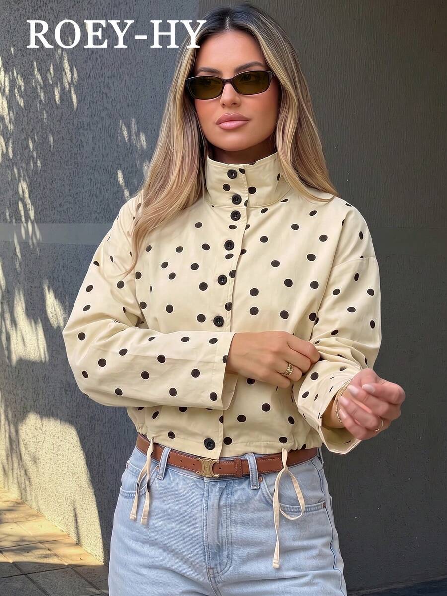 1pc Women's Vintage Small Polka Dot Drop Shoulder Short Utility Jacket With Drawstring Hem, Waist Pockets, Height-Enhancing Thin Outerwear For Spring/Autumn, Suitable For Daily Commute, Light Office, Store Visiting, Afternoon Tea, Best Friend Date