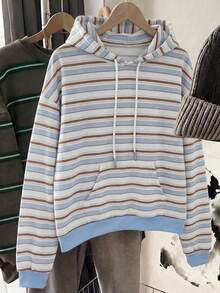1pc Women's Multi-Color Blue & Brown Horizontal Striped Long Sleeve Loose Warm Comfortable College Style Retro Aesthetic Casual Silhouette Drawstring Hooded Sweatshirt - White - View 7