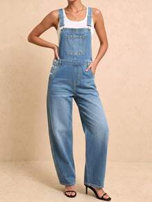 Women's Washed Denim Overalls Casual Long Jumpsuit, Multi-Button Detail Adjustable Non-Stretch Fabric - Medium Wash - View 4