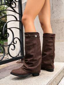 1 Pair Popular Ruched Stacked Boots, Fashionable Buckle Flat Sole, Solid Color Western Style Casual Ultra-Fine Fiber Leather Mid-Calf Boots, Suitable For Autumn/Winter Holiday Gatherings - Brown - View 3