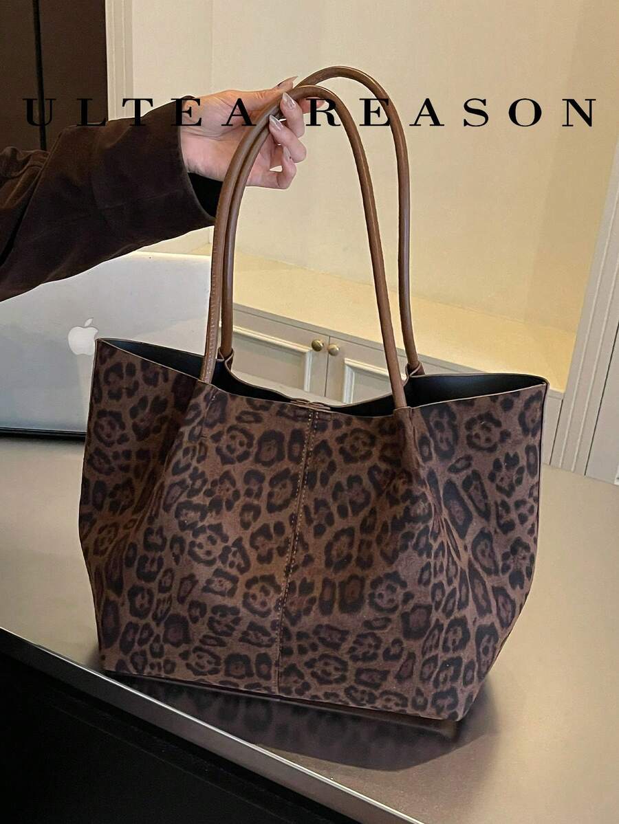 1pc Leopard Print Suede Shoulder Bag, Women's Vintage Tote Bag, Handbag, Magnetic Closure, Mother-Daughter Bag, Suitable For Daily, Commuting, Work Use