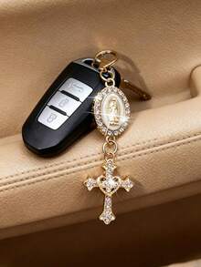 1Pc Religious Style Keychain, Virgin Mary Charm With Rhinestone Heart Cross Pendant, Cute Decorative Key Ring For Car Keys, Handbag Charm Accessory For Women - One Size Fits All - View 3
