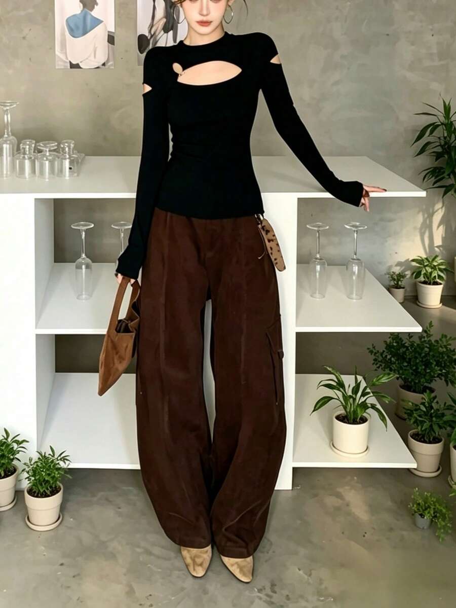 Women's Black Hollow Out Long Sleeve Top, Knitted Round Neck Regular Sleeve, Medium Stretch Autumn Outfit