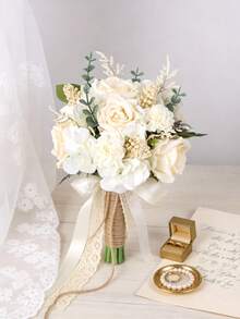 Boho Wedding Bouquets Bride Bouquets Artificial Roses Flowers For Bride Bridesmaid Bouquets, Wedding Prom Church Decoration, Ceremony, Anniversary - Beige - View 6