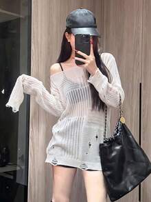 Atasan Sweater Seksi Model Longgar dan Ramping untuk Musim Gugur, Model Baru Jala Berongga Jala dengan Detail Usang - Putih - View 1