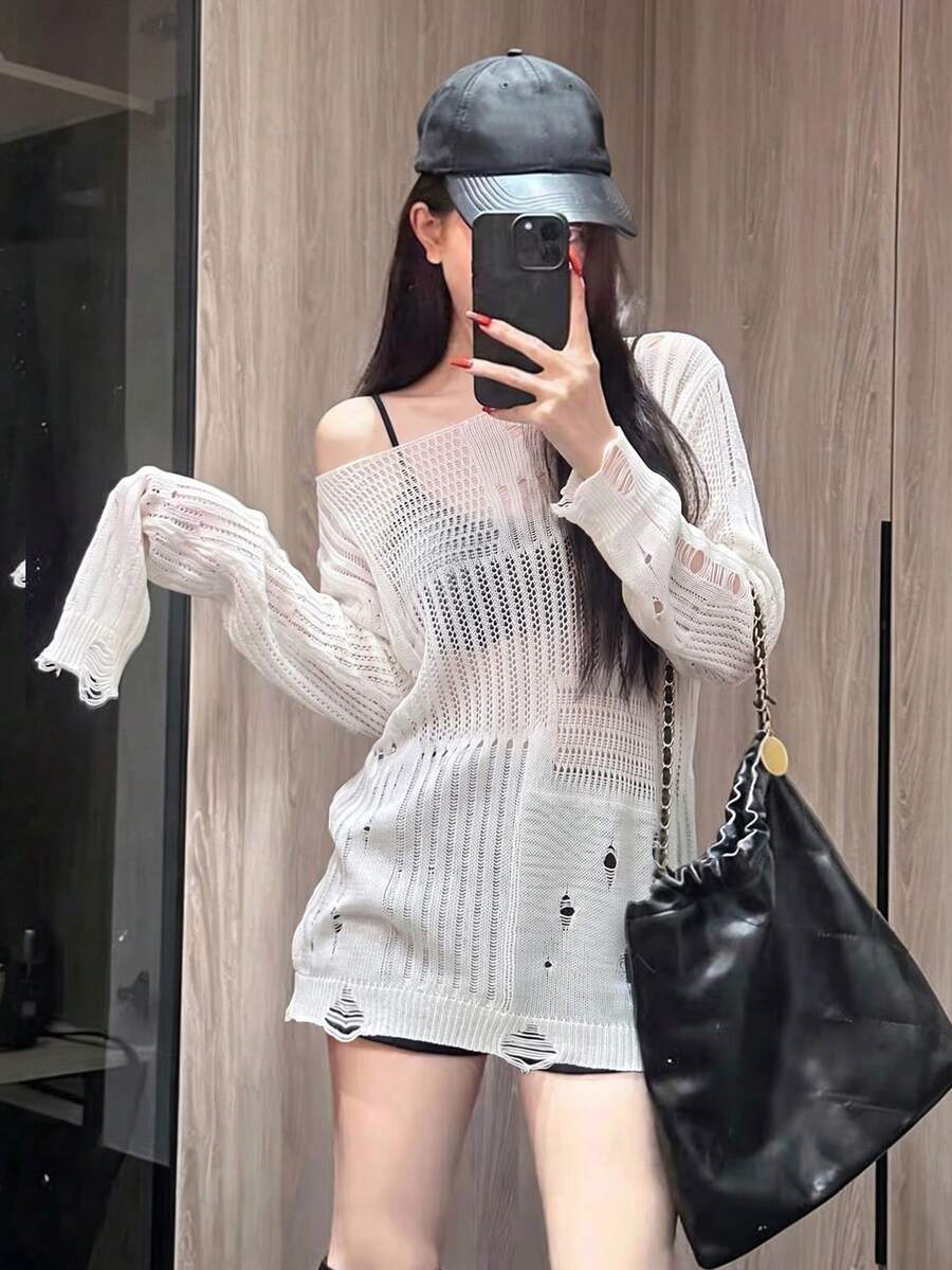 Atasan Sweater Seksi Model Longgar dan Ramping untuk Musim Gugur, Model Baru Jala Berongga Jala dengan Detail Usang - Putih - View 1