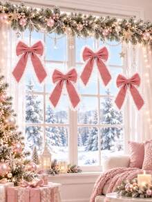2pcs Pink Rhinestone Lace Bow Hanging Decorations, Large Christmas Tree Bow Decor With White Lace Trim, Holiday Wreath Embellishment, Staircase Garland Ribbon Bow, Gift Box Fireplace Window Holiday Home Party Decor, Winter Indoor Hanging Decoration - Multicolor - View 5