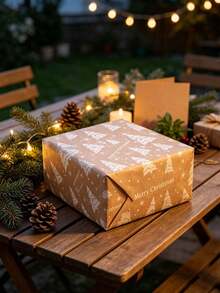 1 lembar Kertas Pembungkus Kado Bertema Pohon Natal - Menampilkan Teks "Selamat Natal" Beserta Pola Pohon Natal, Bintang, dan Kepingan Salju; Cocok untuk Membungkus Kado Natal, Hadiah, Buket Bunga, Suvenir, dan Souvenir Pesta. - Satu ukuran cocok untuk semua. - View 7