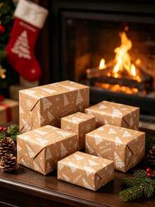 1 lembar Kertas Pembungkus Kado Bertema Pohon Natal - Menampilkan Teks "Selamat Natal" Beserta Pola Pohon Natal, Bintang, dan Kepingan Salju; Cocok untuk Membungkus Kado Natal, Hadiah, Buket Bunga, Suvenir, dan Souvenir Pesta. - Satu ukuran cocok untuk semua. - View 2
