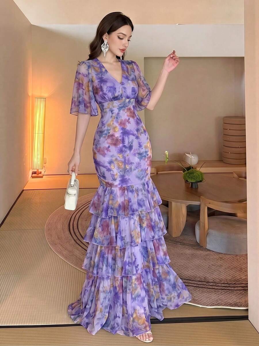 Gaun Mewah Elegan Modern Romantis Motif Bunga untuk Wanita Ukuran Plus yang Melangsingkan - Purple - View 1